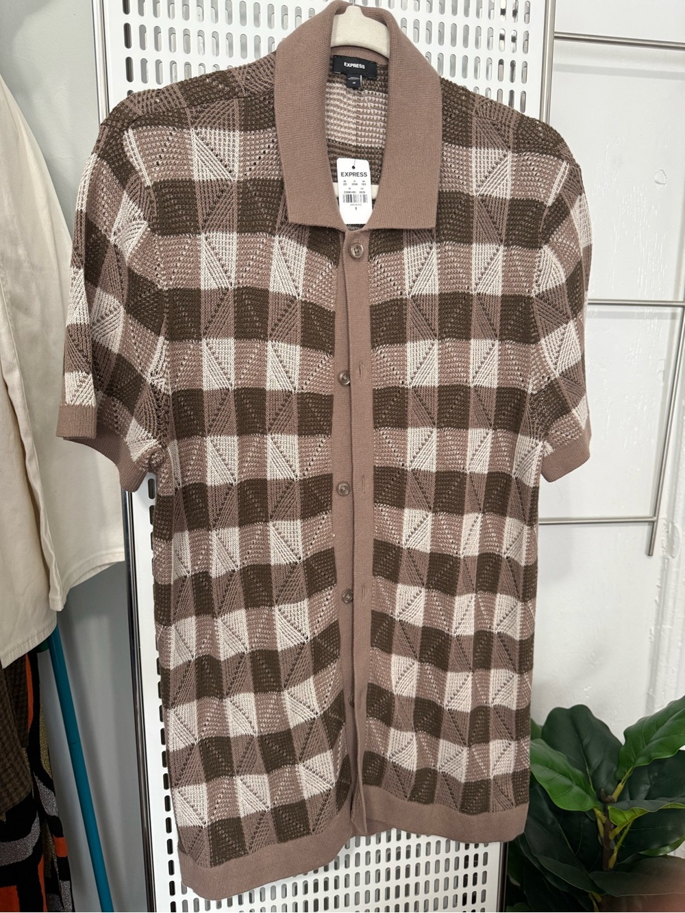 Express Brown & Beige Short Sleeve Knit Cardigan Polo